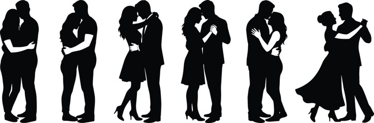 Romantic couple silhouettes embracing and dancing expressing love intimacy relationship passion isolated on white background elegant illustration