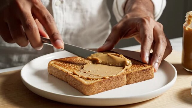 Close-up of a person's hands preparing a healthy breakfast by spreading peanut butter on toasted bread slices on a white plate.