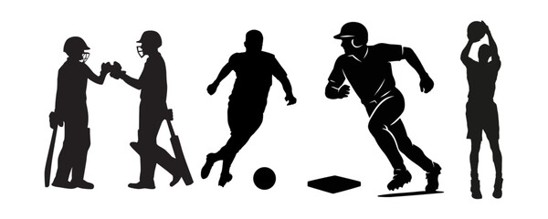 Silhouettes of different sports players including cricket, soccer, baseball, and basketball