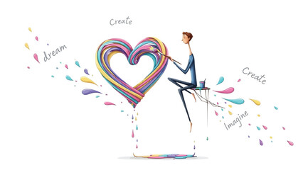 Man painting a colorful heart, imaginative and creative illustration with words dream, create, and imagine