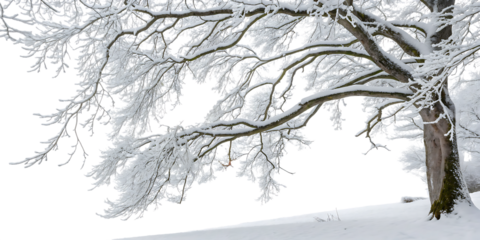 Snow covered tree branches on white snowy ground isolated on a transparent background winter frost