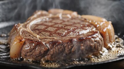 A mouthwatering closeup shot of a thick juicy ribeye steak sizzling on a hot cast iron grill pan with visible grill marks and steam rising creating an appetizing culinary scene perfect for gourmet fo.