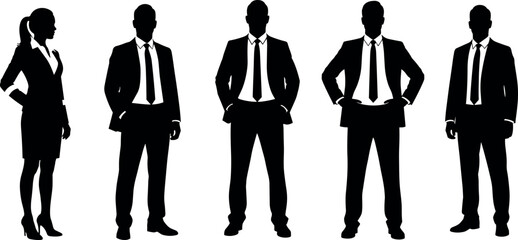Business people silhouettes set featuring confident male and female professionals in suits isolated on white background vector illustration for branding
