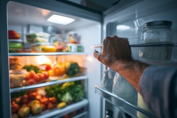 Man Opens Refrigerator Door With a Variety of Food Items Visible Inside the Shelves in a Bright Kitchen Setting