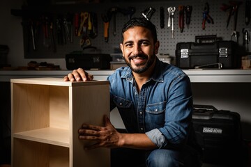 Smiling man proudly presents completed wooden cabinet in a home workshop