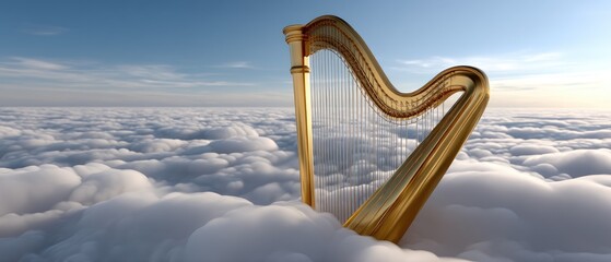 Golden harp gracefully floats among fluffy clouds under a bright blue sky with soft, radiant light creating a serene atmosphere of tranquility