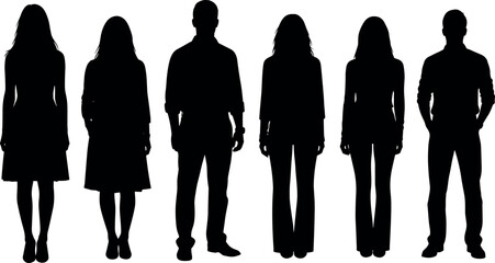 Diverse people silhouettes standing together human figures male female crowd isolated black vector illustration for business social community concept design