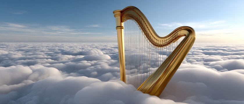 Golden harp gracefully floats among fluffy clouds under a bright blue sky with soft, radiant light creating a serene atmosphere of tranquility