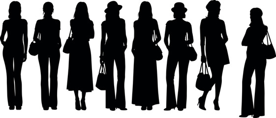 Fashionable women silhouettes standing with handbags vector illustration isolated on white background modern female style diversity concept urban fashion collection