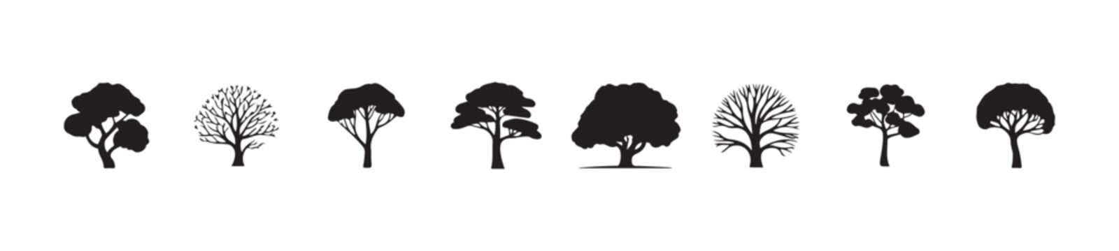 Collection of assorted black tree outlines representing different species perfect for flat design