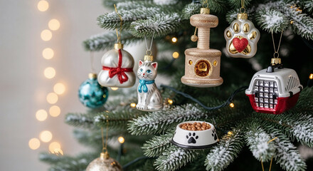 Playful Cat Christmas Ornaments on Frosted Pet Themed Christmas Tree for Feline Holiday Decorations, Unique Pet Decor Blogs, and Animal Lover Seasonal Greetings