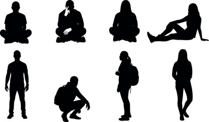 Set of human silhouettes in various poses including sitting standing walking with backpack minimalist black vector illustration isolated white