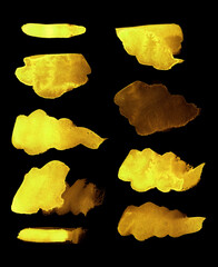 Naklejka premium Bright painted yellow watercolor strips. Hand drawn elements isolated on black background