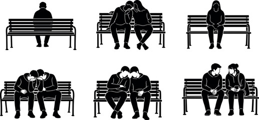 People silhouettes sitting on park benches expressing loneliness love friendship relationships social emotions minimal black white vector illustration for branding