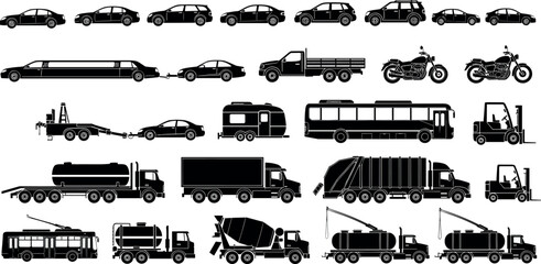 Vehicle silhouettes collection featuring cars trucks buses motorcycles construction transport icons isolated black vector set for logistics transportation design purposes