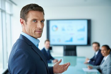 Confident man in suit delivering sustainability briefing to boardroom attendees