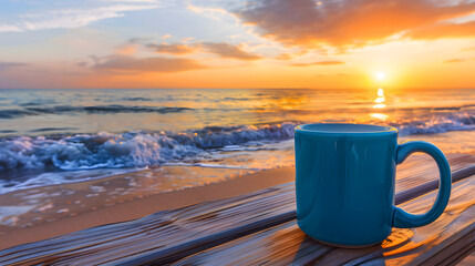 Blue coffee mug on wooden deck at beach during sunset