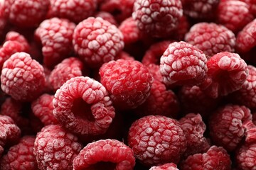 Frozen ripe raspberries as background, closeup view