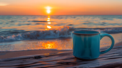Blue coffee mug on wooden plank at beach during sunset