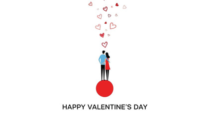 Couple standing together on red ball surrounded by floating hearts illustration on white background for valentine's day