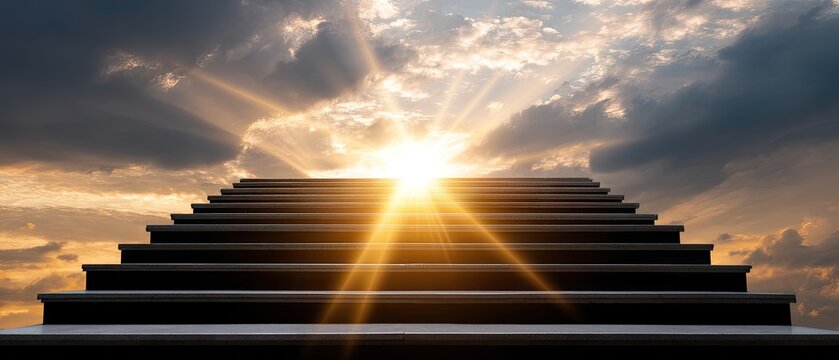 Stairs leading to a vibrant sky, illuminating hope with rays of sunlight and colorful clouds at dawn