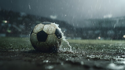 Dirty soccer ball on wet field during rainstorm muddy field