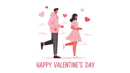 Couple running together surrounded by hearts on valentine's day, vector illustration of love and romance