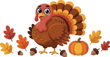 Cute cartoon turkey bird with pumpkin and autumn leaves for thanksgiving harvest celebration