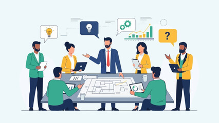 Fototapeta premium Diverse business team collaborating on a project, brainstorming ideas, and discussing strategy in a modern office meeting.