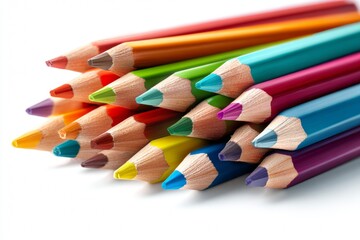 Fototapeta premium Color Pencils in Scattered Arrangement on White Background Arranged for Use in Art Projects and Creative Activities