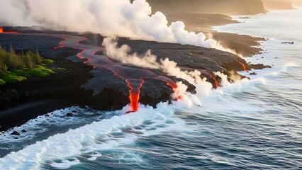 Lava flows into ocean creating steam and smoke near coastline with waves