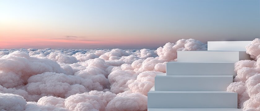Stairs ascending to the sky amidst clouds and rays of light during a colorful sunset, symbolizing a divine journey toward self-actualization and life after death
