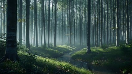 Sunlit stream winding through a misty, dense forest with tall trees and vibrant green undergrowth