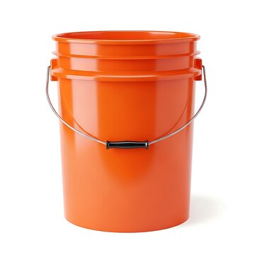 A single orange plastic utility bucket with a metal handle against a white background. 5 gallon pail bucket