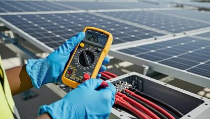 Close up detail of technician hand using digital multimeter to check voltage on solar panel wiring connection