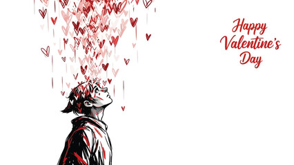 Young man looking up at falling hearts with happy valentine's day text in red on white background