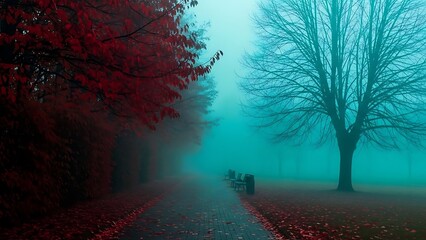 A serene and mysterious foggy park landscape showcasing vibrant red autumn leaves and a solitary bare tree