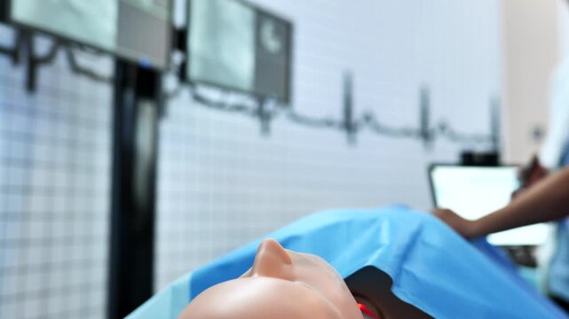 Medical student practicing CPR on a simulation mannequin during training course
