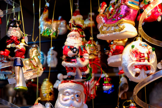 Basel, Switzerland, EU. Holiday decor at the local Christmas markets. Hanging glass ornaments. 