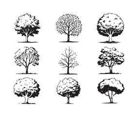 Nine unique black and white stylized tree vectors representing different seasonal states and dense leafy shapes