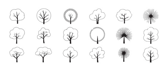 Eighteen outline vector icons of minimalist trees featuring simple shapes different canopy styles and branch structures © FARJANAAKTER