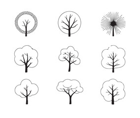 Nine small black and white vector images showing various simple tree outlines for forest or park design