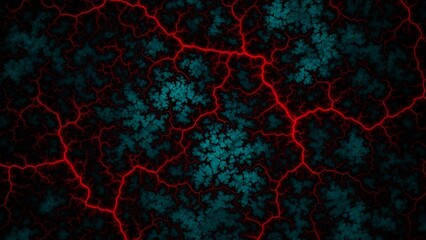 Abstract fractal pattern of glowing red veins against a deep teal organic background