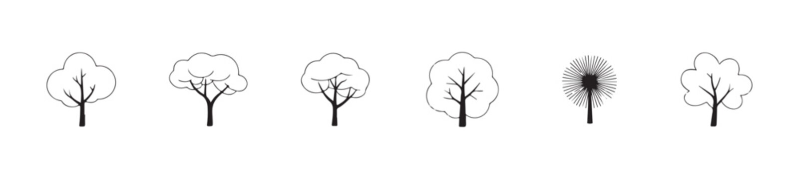 Collection of six basic black line art trees with rounded irregular crowns suitable for interface icons