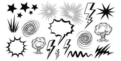 Collection of black and white comic book style sound effect elements and graphic design assets