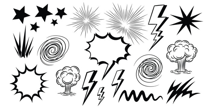 Collection of black and white comic book style sound effect elements and graphic design assets