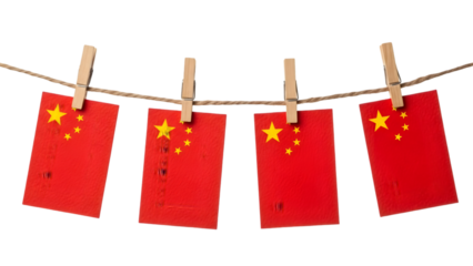 Chinese flag on red cards with clothespins on a rope isolated on transparent background