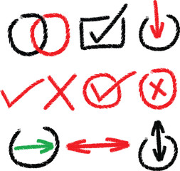 Hand-Drawn Brush Vector Collection: Checkmarks, Crosses, Arrows, and Scribble Circles Set of diverse icons with check, cross, and arrow symbols