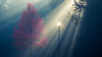 A vibrant red tree bathed in mystical sunbeams and the soft glow of a street lamp through a hazy morning