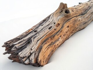 Fototapeta premium Close up of weathered and textured driftwood with a natural organic shape on a white background